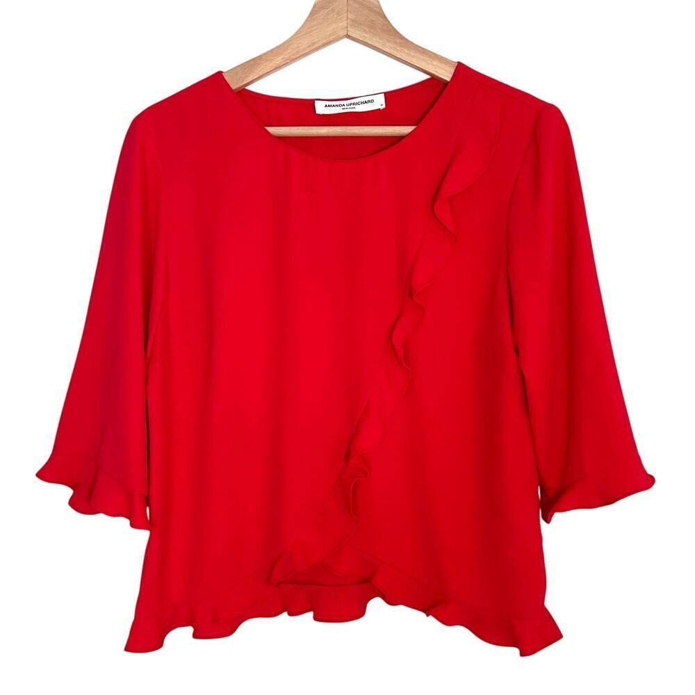Revolve Amanda Uprichard Silky Flounce Top 3/4 Sleeve Valentine | Red | SZ M